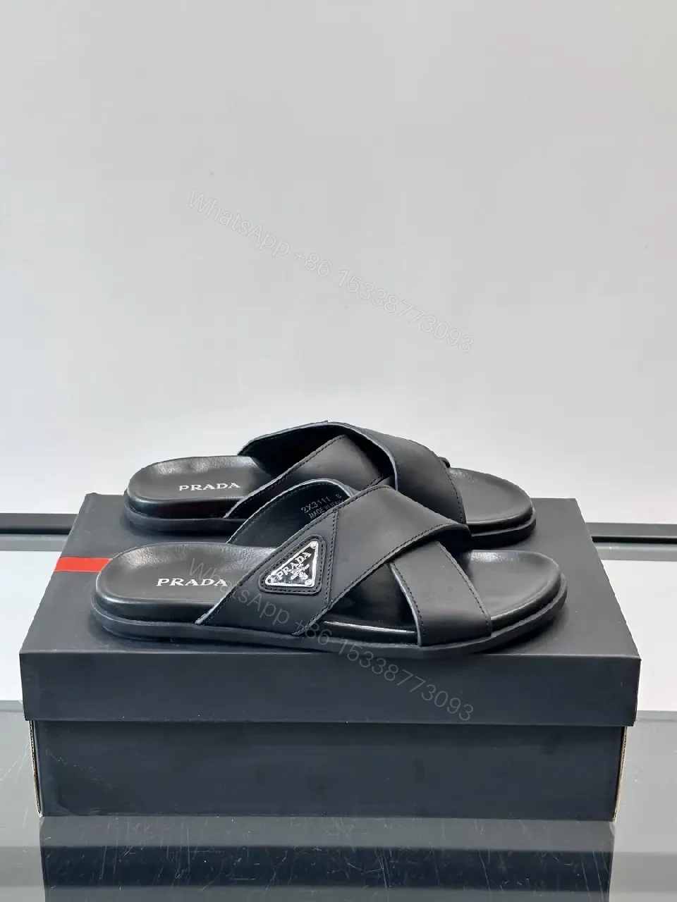 View 3 of Black Leather Slides Prada Logo Slide Sandals Comfort Fit Sandals