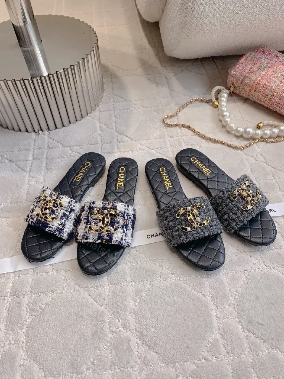 Textured Tweed Slide Sandals with Interlock Detail — view 1