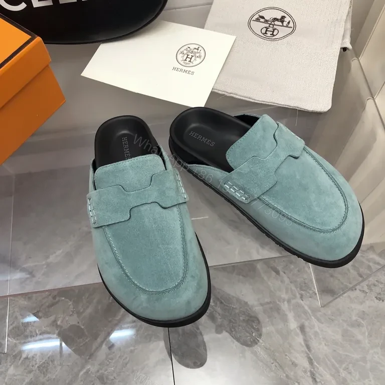 View 5 of Powder Blue Suede Driving Slippers â€“ Luxury Hermes-Inspired Style