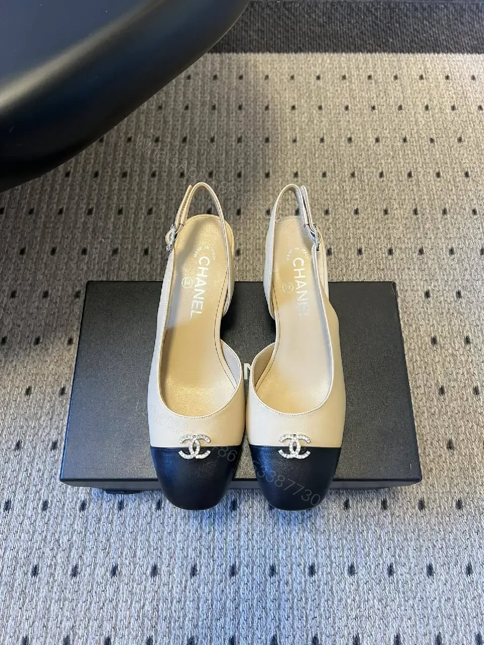 View 3 of Two-Tone Slingbacks with Logo Detail - Leather Heels