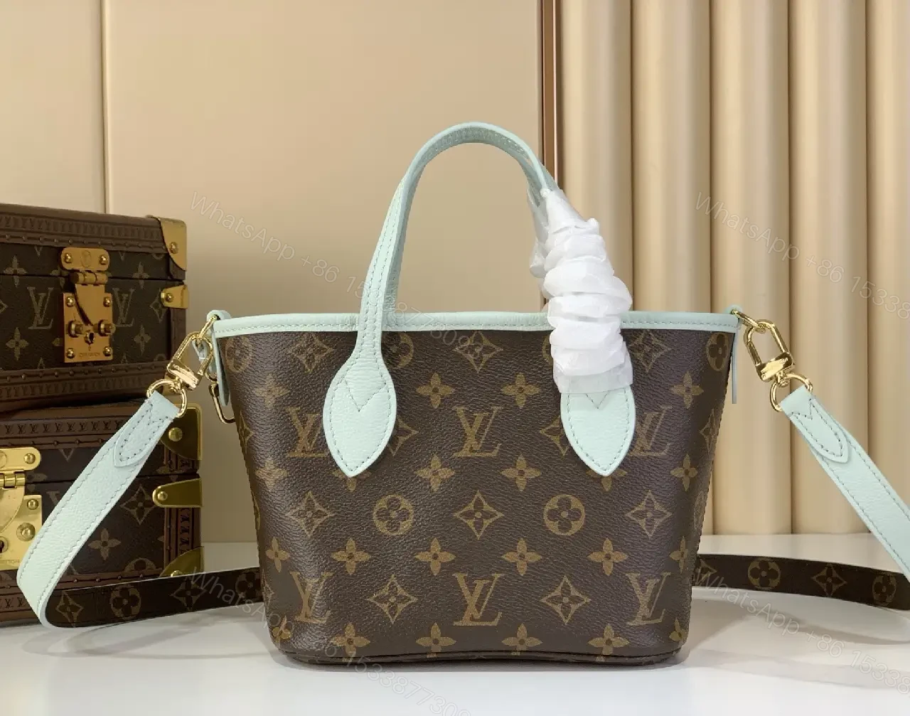View 3 of Powder Blue Leather Trim Monogram Canvas Tote: Structured Luxury