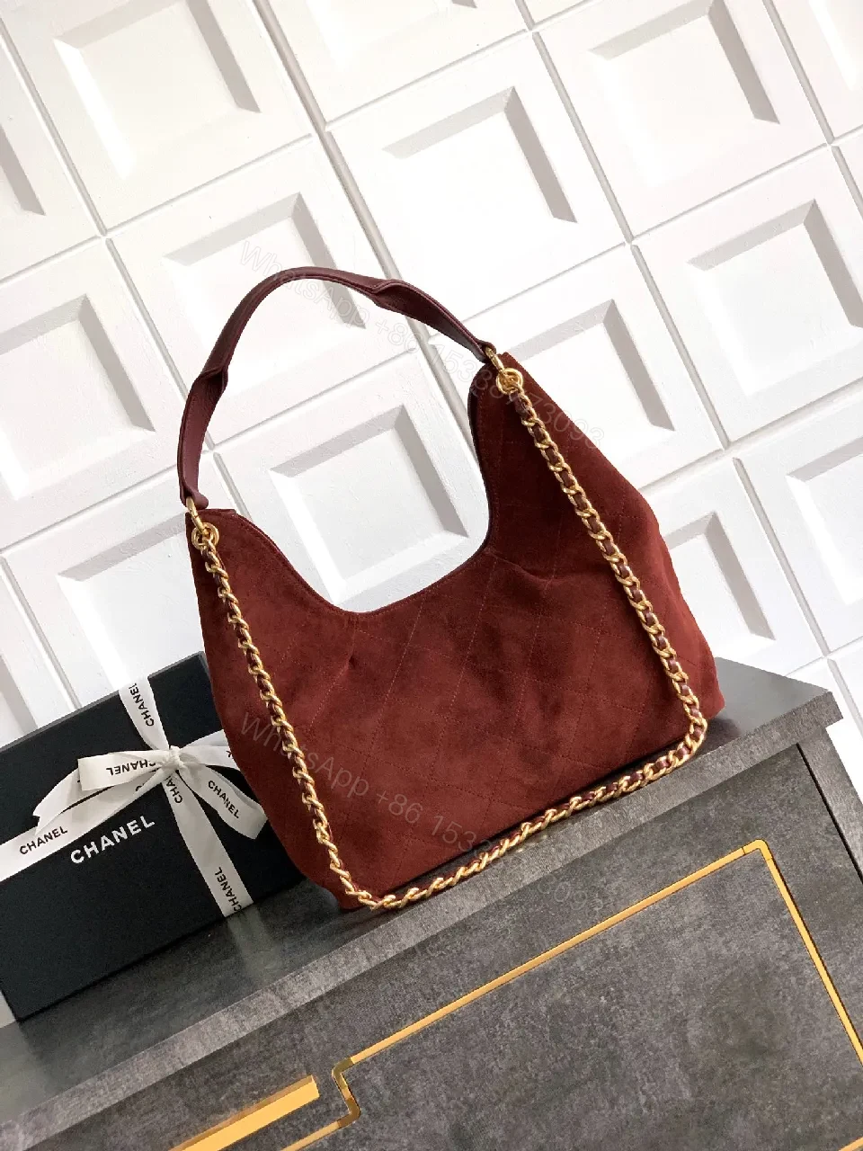 View 4 of Burgundy Suede Quilted Hobo with Gold Hardware