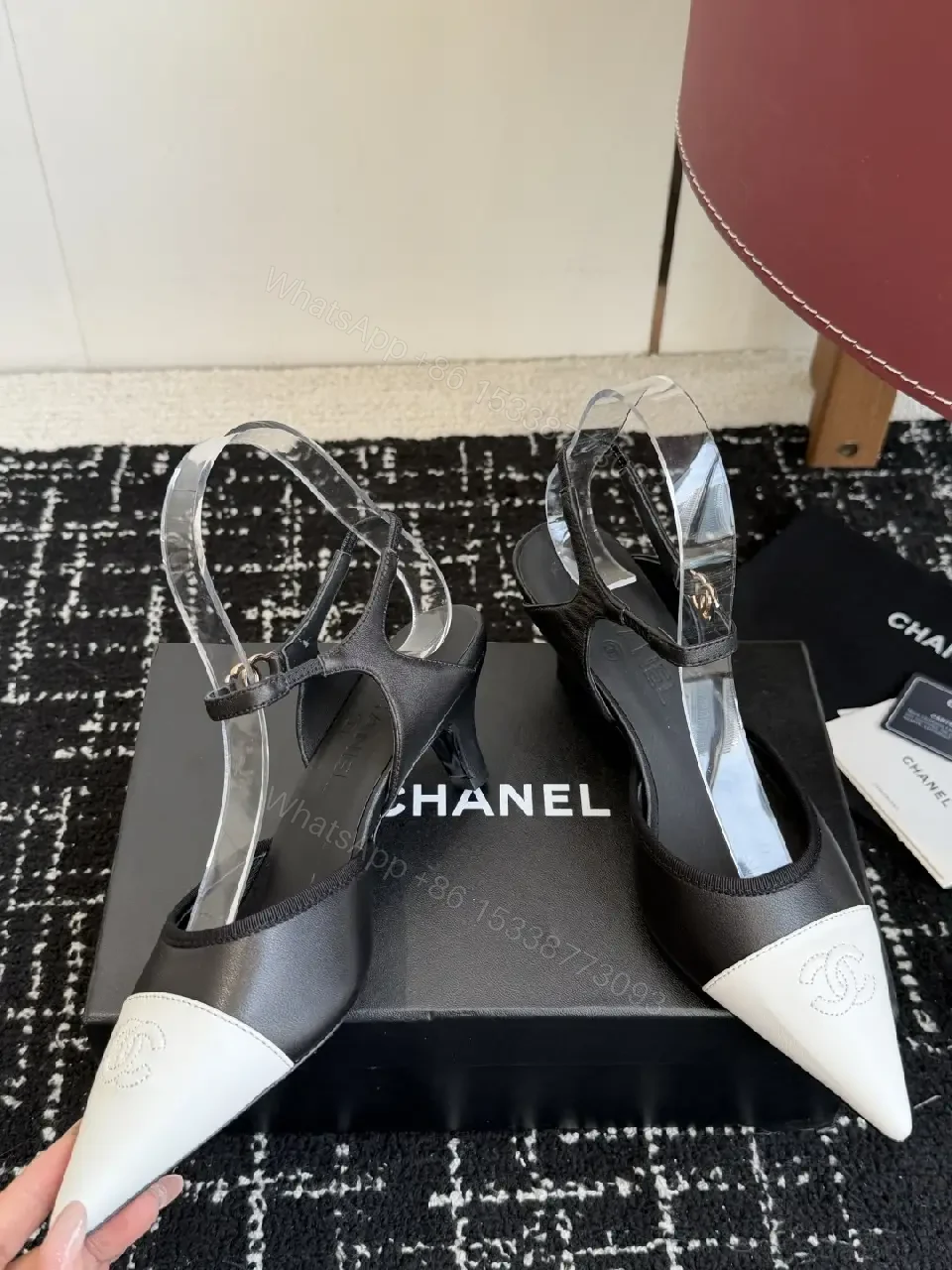 View 6 of Black White Leather Slingback Heels with Chanel Logo, Pointed Toe, 2-inch Heel