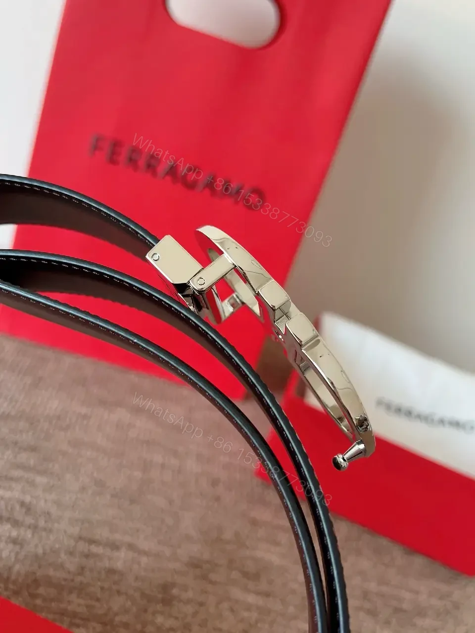 View 2 of Statement Black Leather Belt with Double-Circle Buckle