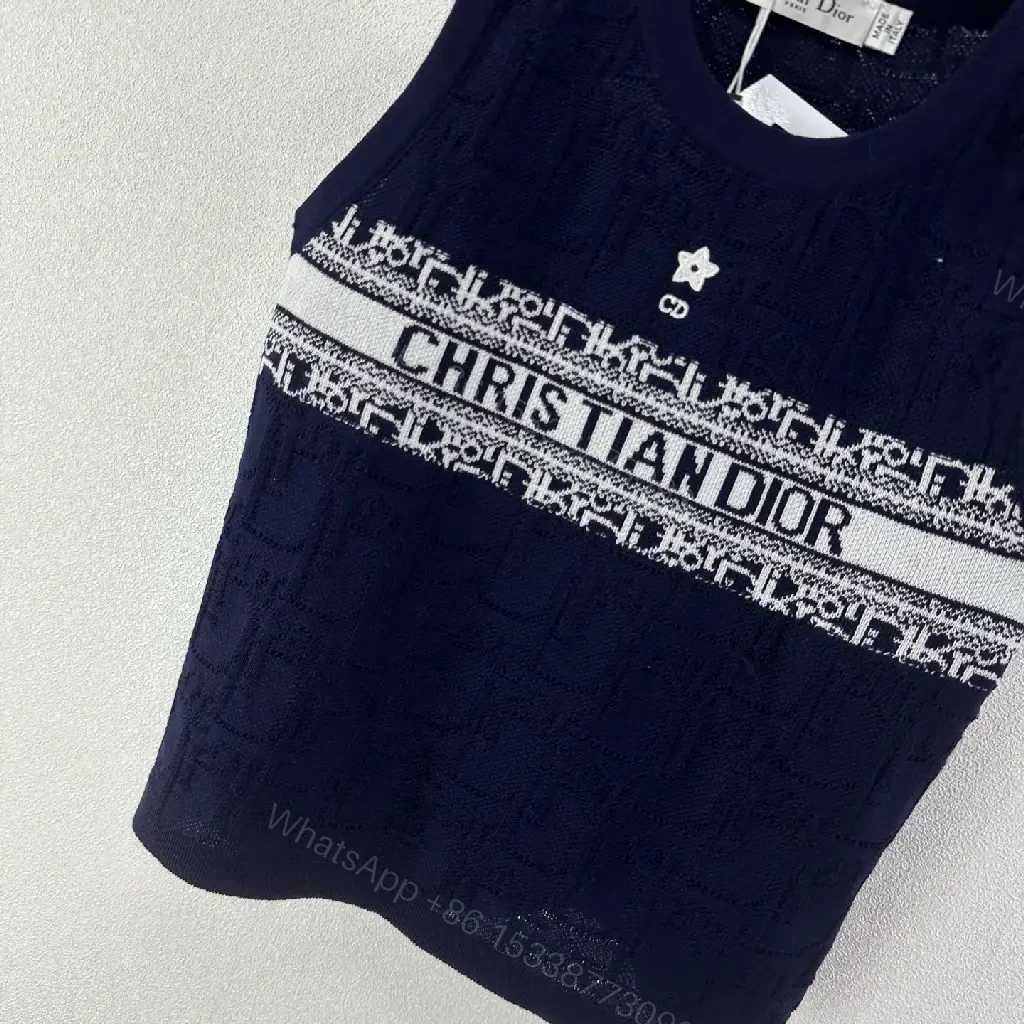 View 10 of Navy Cotton Tank Top with Dior Band Logo Knit