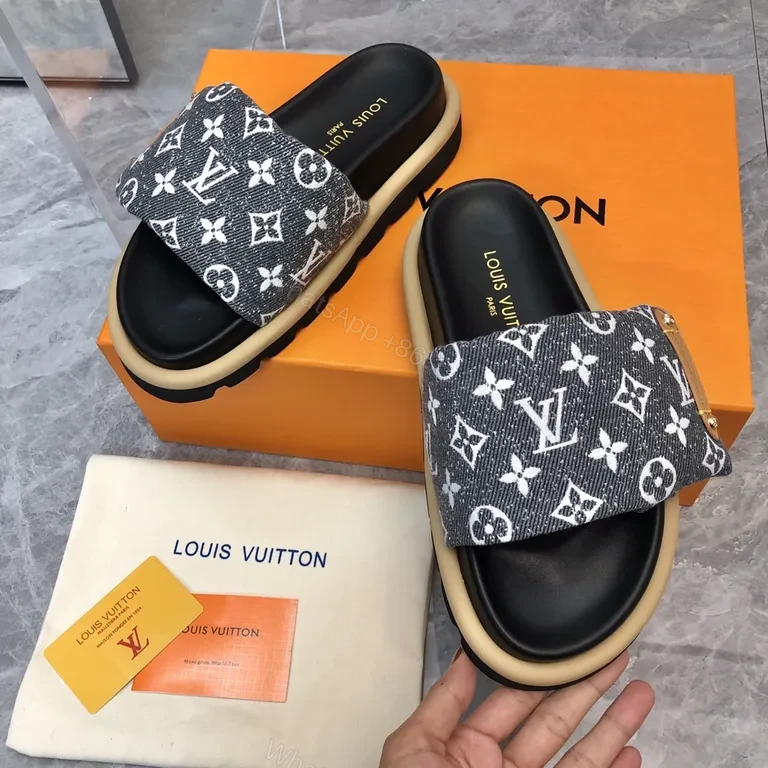 View 9 of Monogram Denim Slides â€” Polished Everyday Comfort