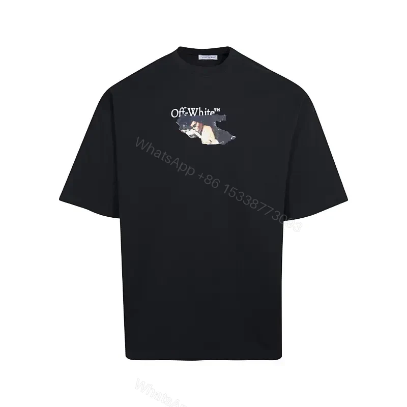 Dark Black Cotton Tee with Off-White Logo Print – Relaxed Fit Shirt — view 1