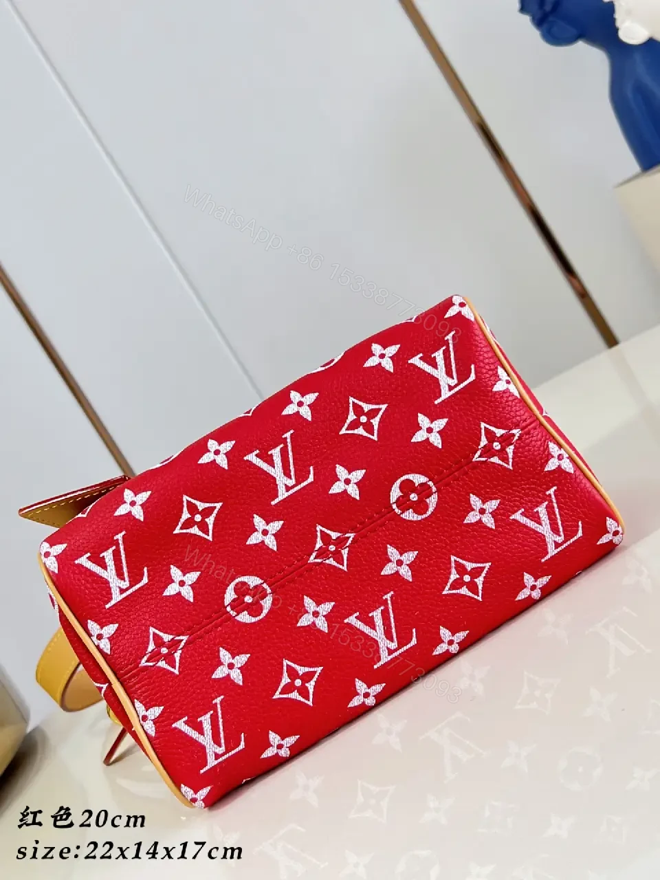 View 4 of Red & Beige LV Monogram Top-Handle Bag with Gold Hardware