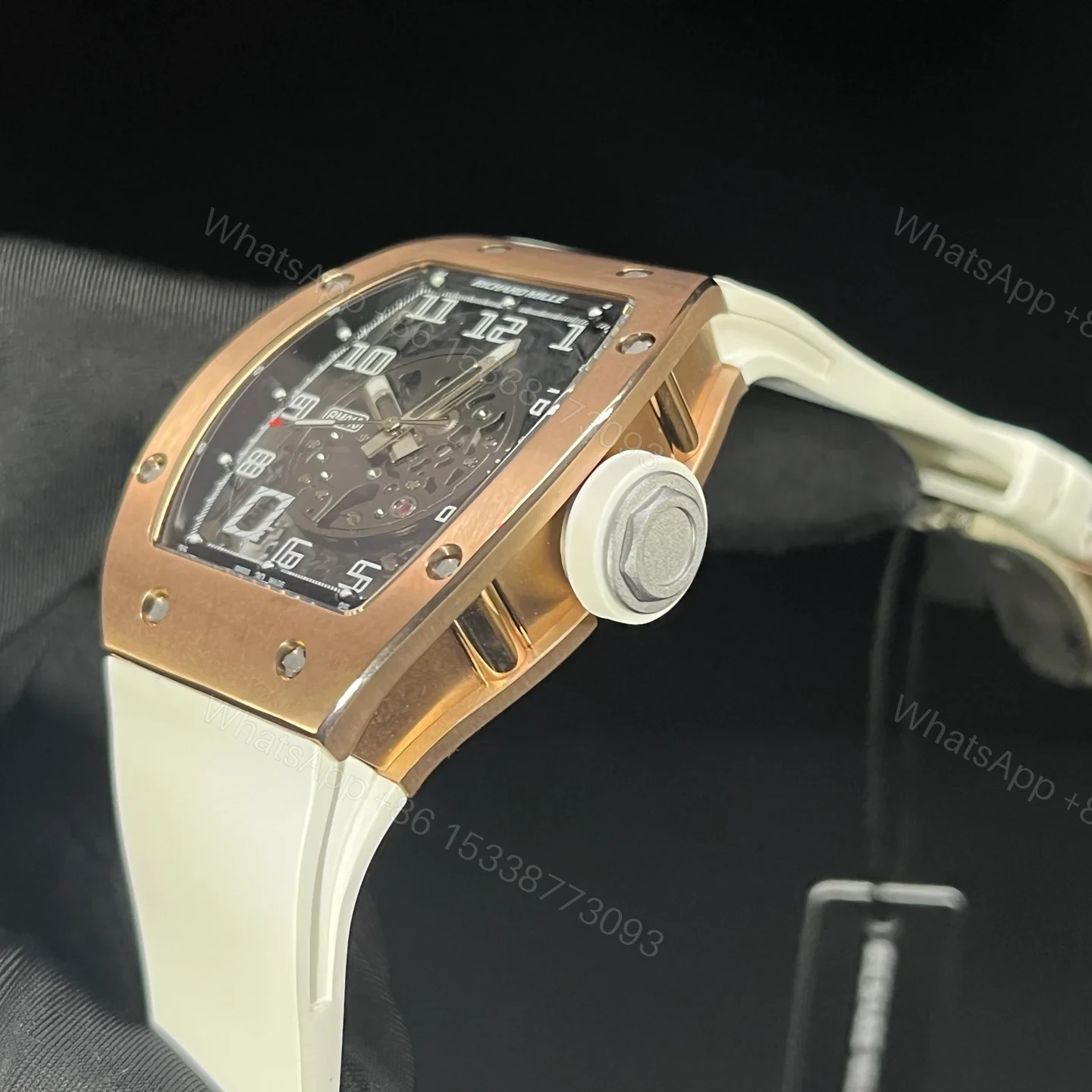 View 5 of Richard Mille RM010 Titanium Skeleton Automatic Gold Bezel White Strap Watch RM010-GW