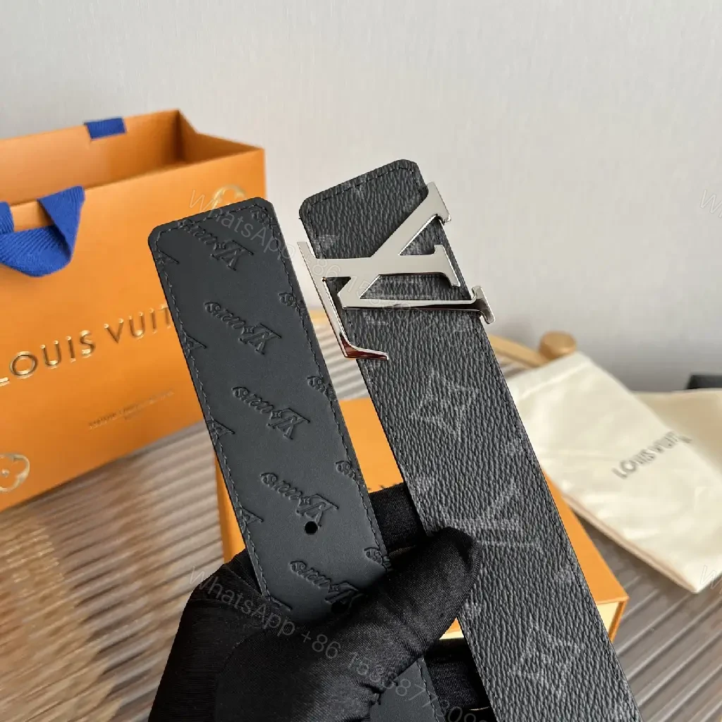 View 9 of Black Pebbled Leather Belt with LV Logo Buckle