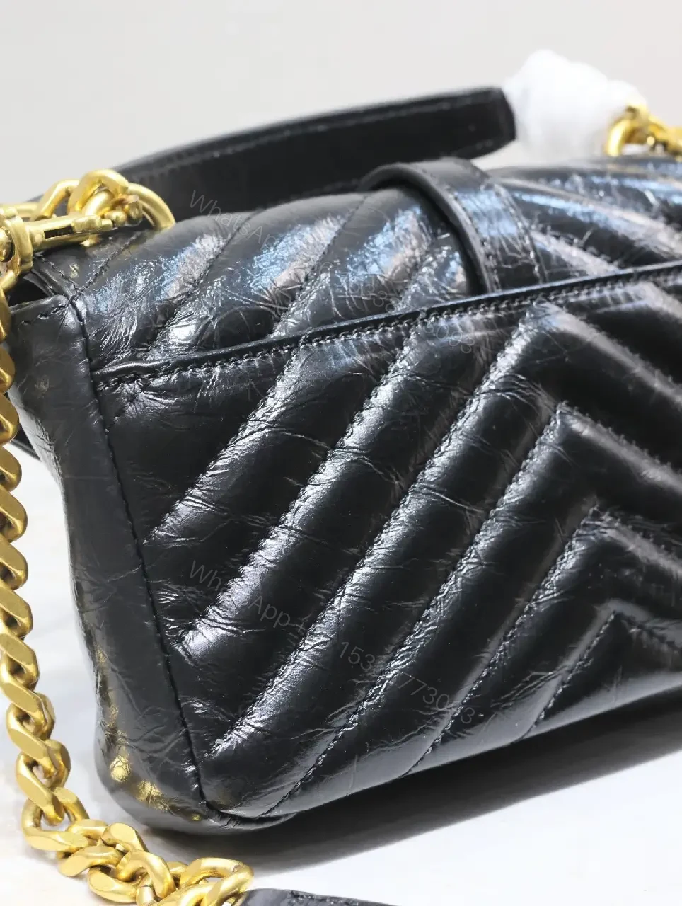 View 9 of Quilted Black Calfskin Crossbody, Luxe Chevron, Compact Carryall