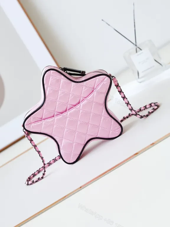 View 5 of Chanel-Inspired Star Shaped Pink Quilted Crossbody Bag