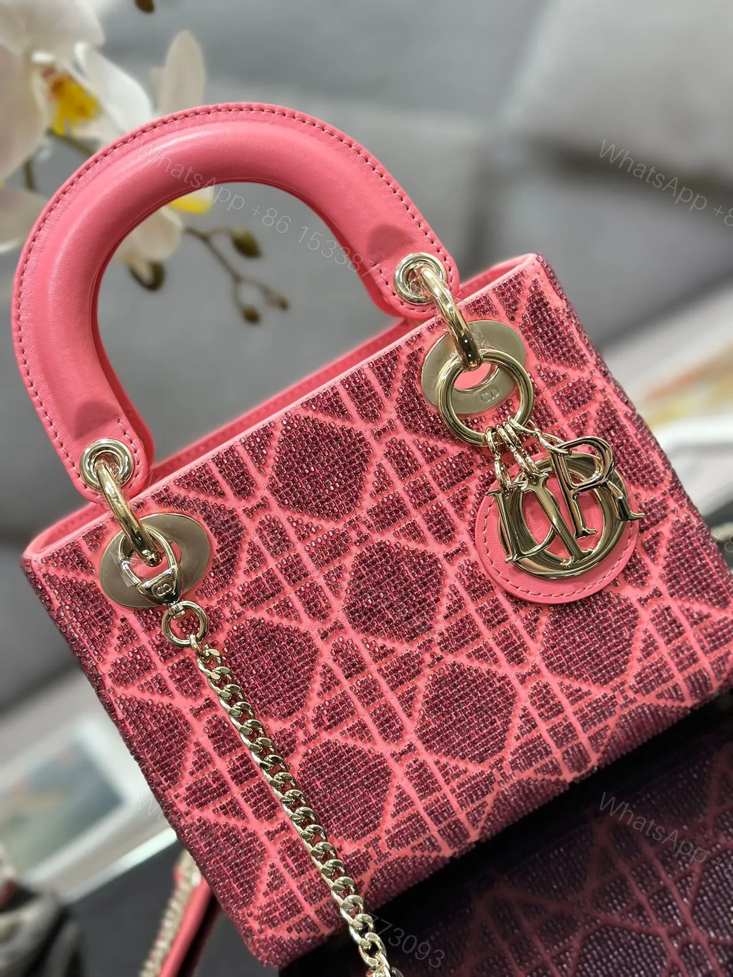View 8 of Dior Lady Super Pink Handbag with Beads 17x15x7cm