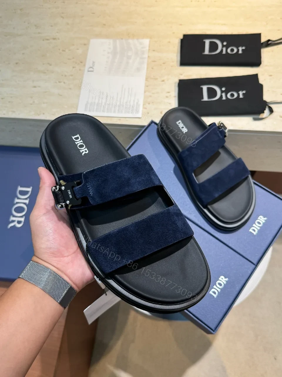 View 4 of Premium Navy Suede Dior-Style Sandals with Bold Straps