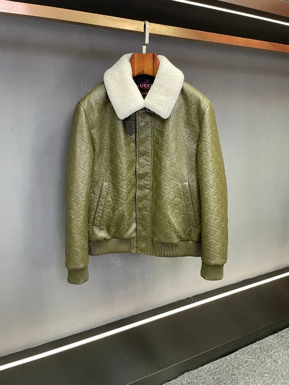 Olive Quilted Jacket with Off-White Shearling Collar — view 1