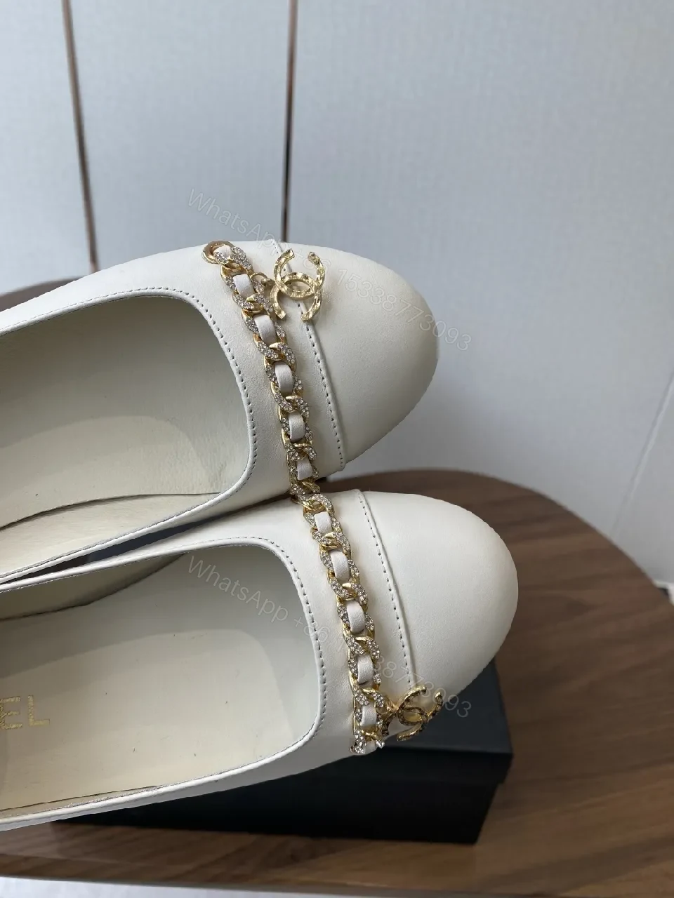 View 3 of White Leather Ballet Flats with Gold Chain Detail - Luxe Comfort