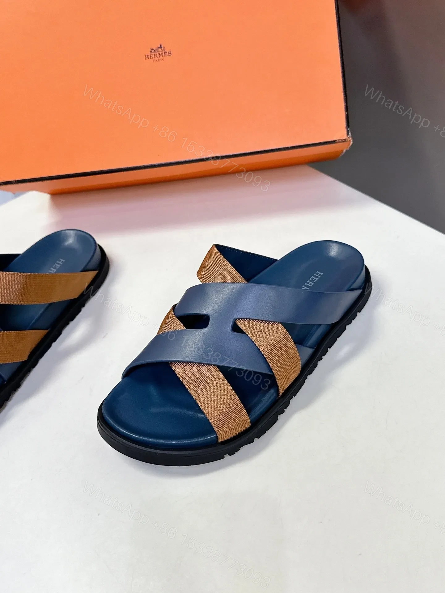 View 4 of Hermes Women Navy Blue Leather And Brown Sandals