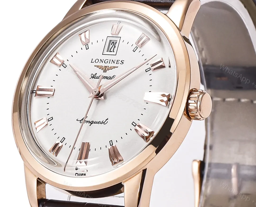 View 4 of Longines Conquest Classic Re Edition Cyclops Watch Rose Gold with Brown Leather Strap