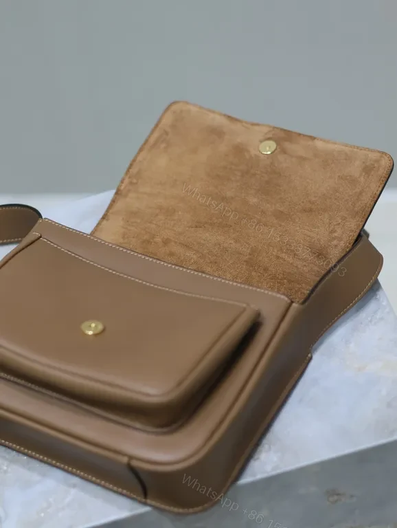 View 5 of Taupe Structured Leather Messenger Bag with Gold Logo, Minimalist Style
