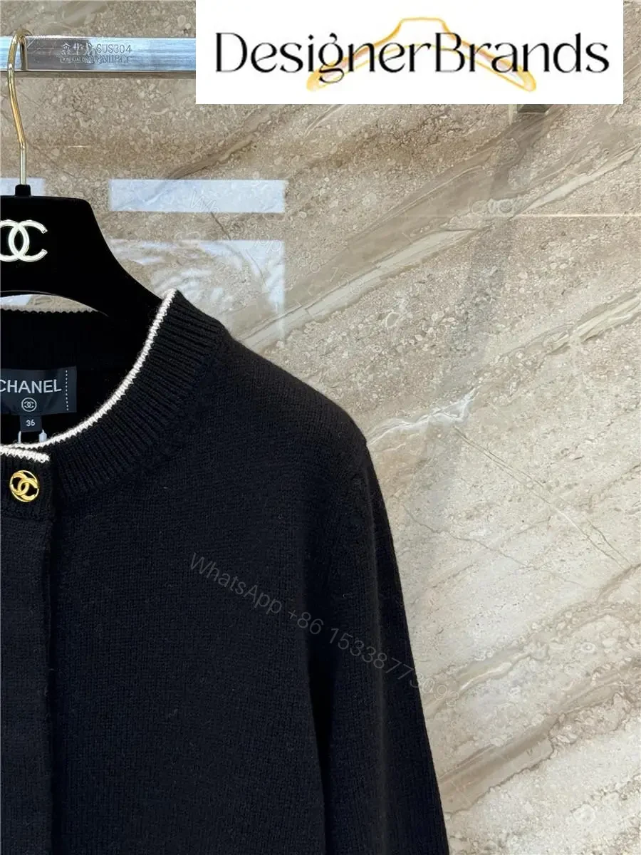 View 5 of Black Knit Cardigan with Piping & Gold Accents