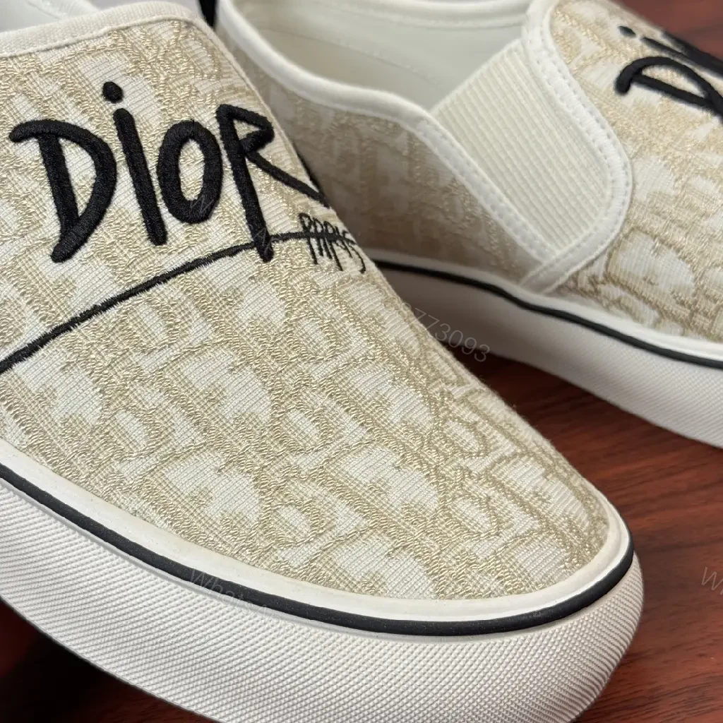 View 5 of Beige Canvas Slip-On Sneakers with Logo
