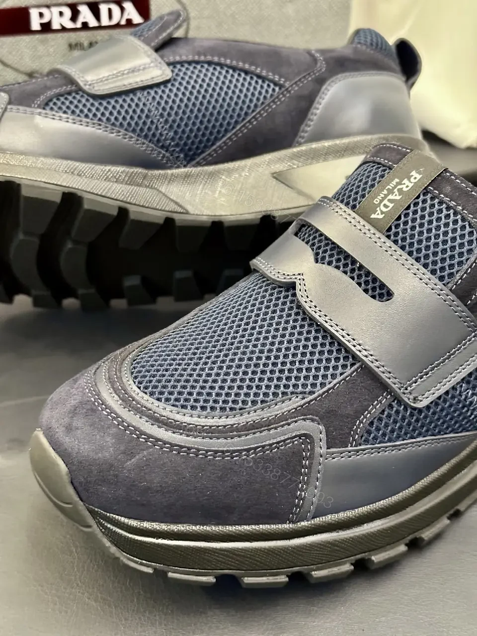View 10 of Blue Mesh Slip-On Prada-Style Sneaker with Hook-and-loop Strap