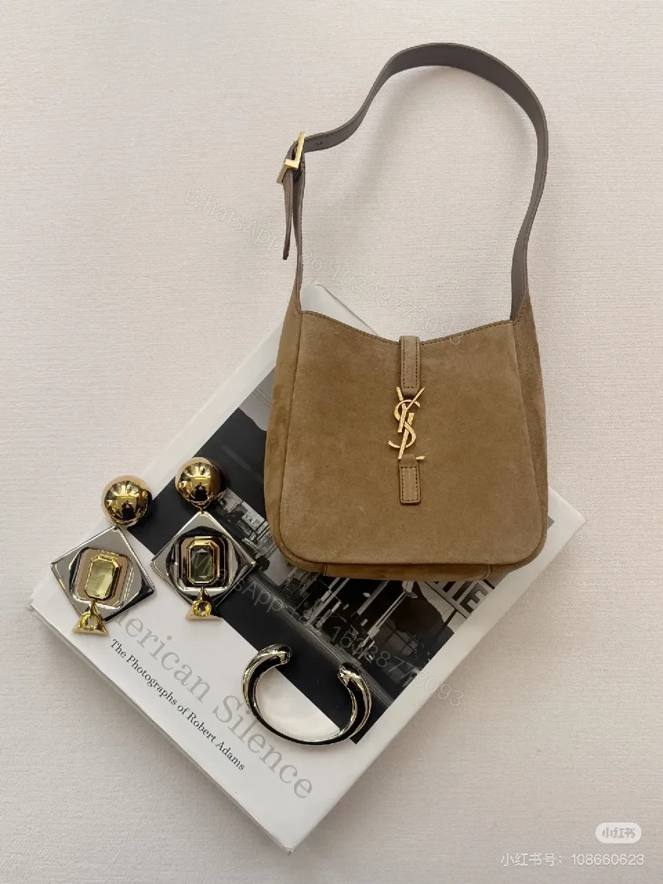 View 4 of Soft Suede Crossbody Bag with Gold Accent Emblem - Compact Style