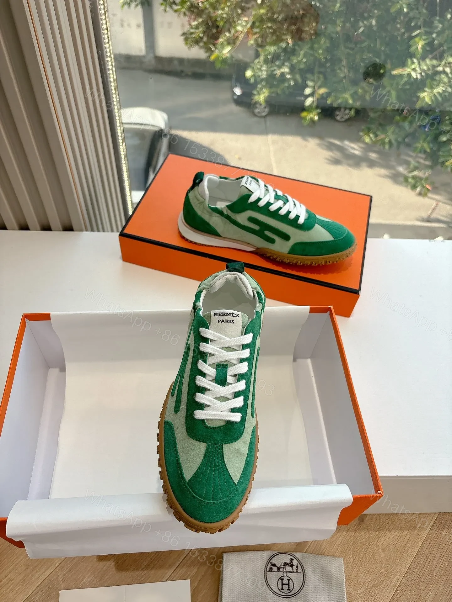 View 4 of Hermes Women Green Suede Canvas Sneakers