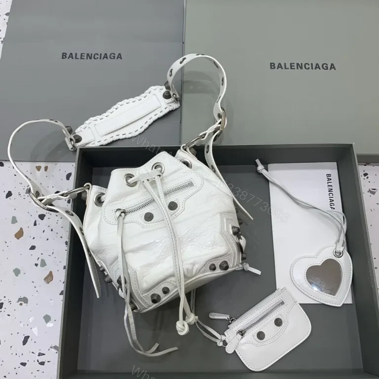 White Textured Bucket Bag: Calfskin, Balenciaga-Inspired Luxury Bag — view 1