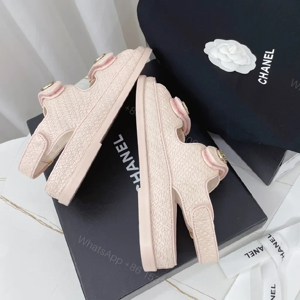 View 4 of Soft Pink Textured Sandals with Gold Button Accents