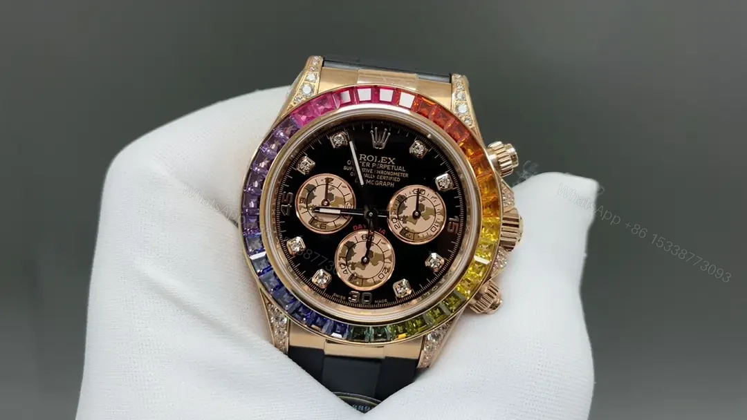 View 3 of Rolex Daytona Rainbow Everose Gold Black Strap Colorful Diamond Bezel 40mm RLX-DAY-RBW-RG-BLK40-RUB