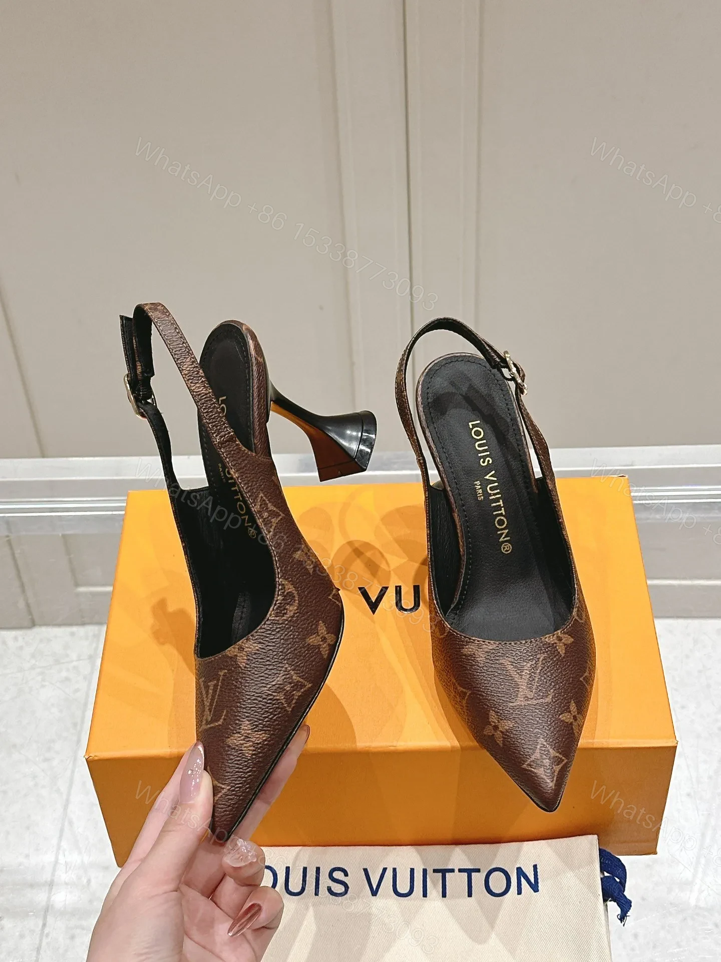 View 4 of LV Women Brown Leather Patterned Slingback Heels