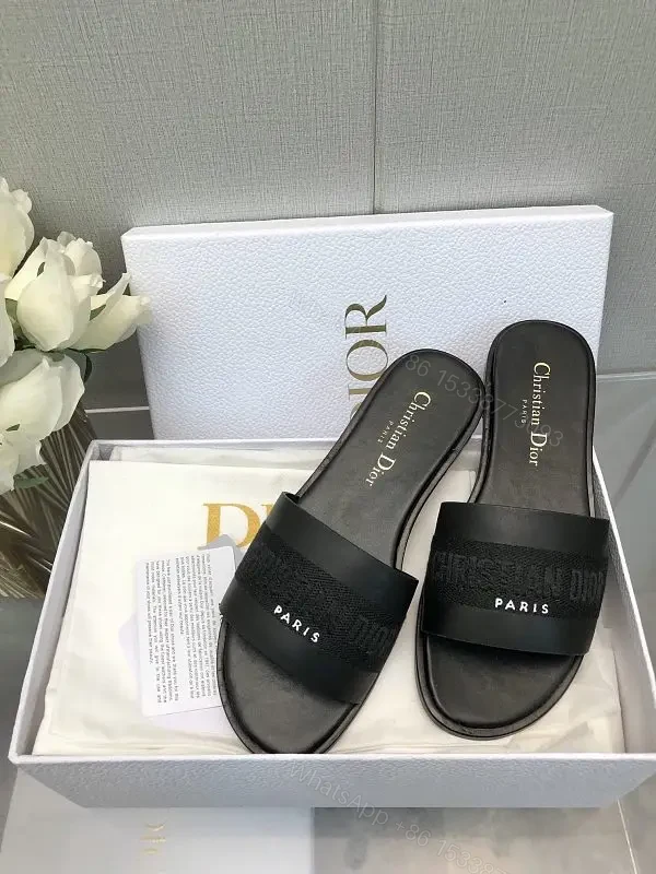 Black Satin Strap Slide Paris Logo Sandals - Dior Style — view 1