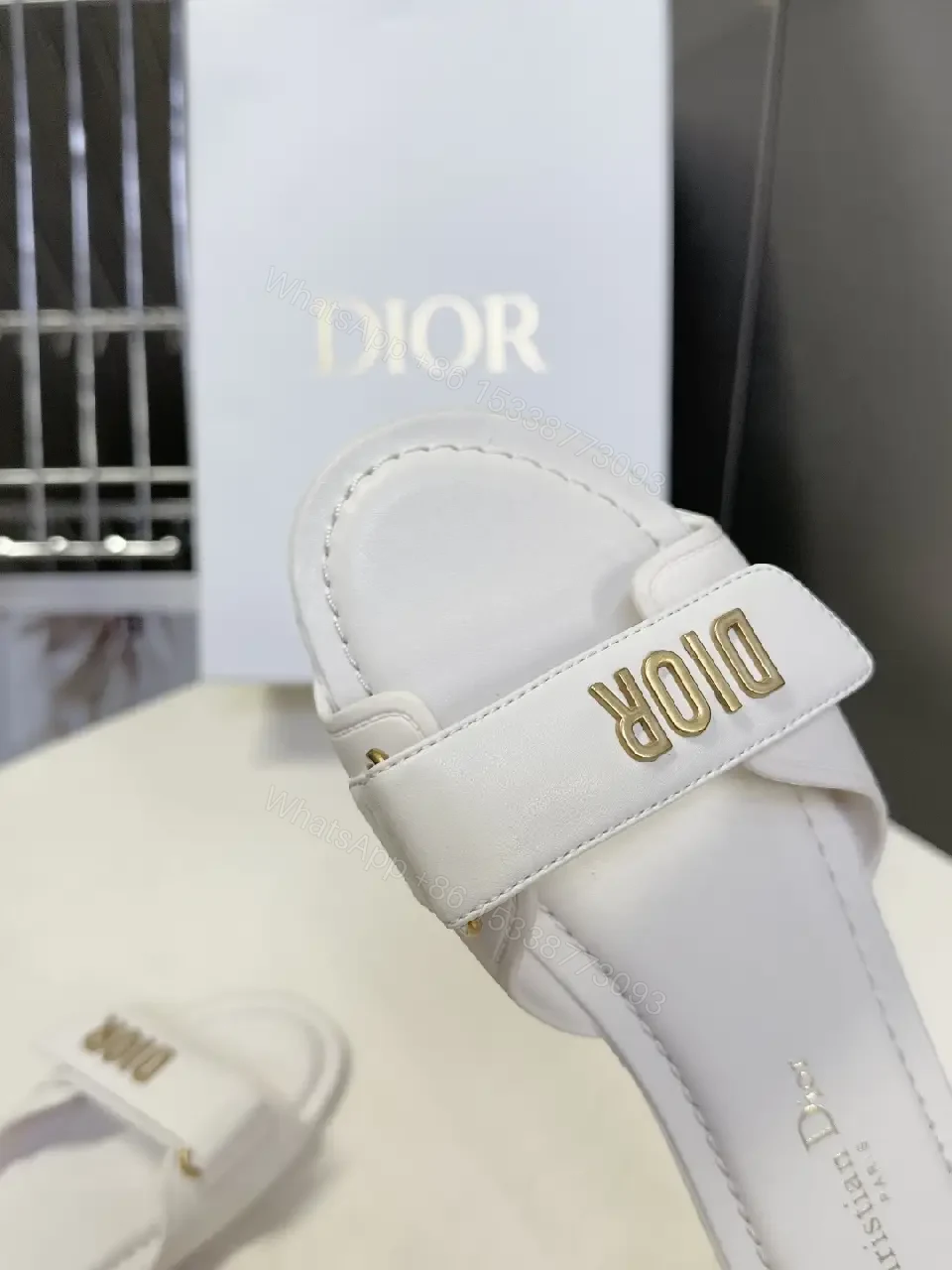 View 7 of White Leather Sandals: Luxe Minimalist Dior-Logo Strap Sandals