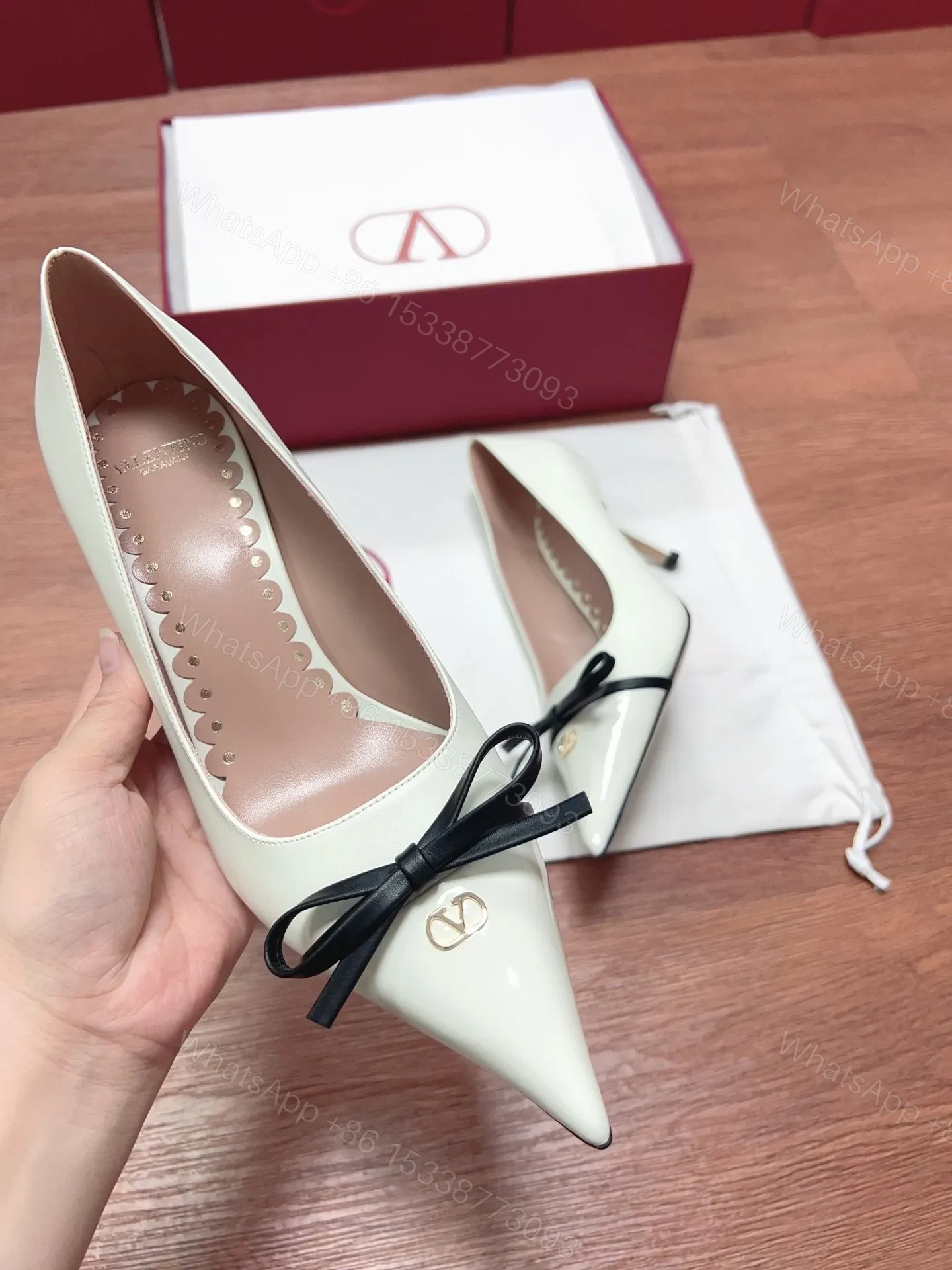View 4 of Valentino Women White Leather Pointed Toe Pumps