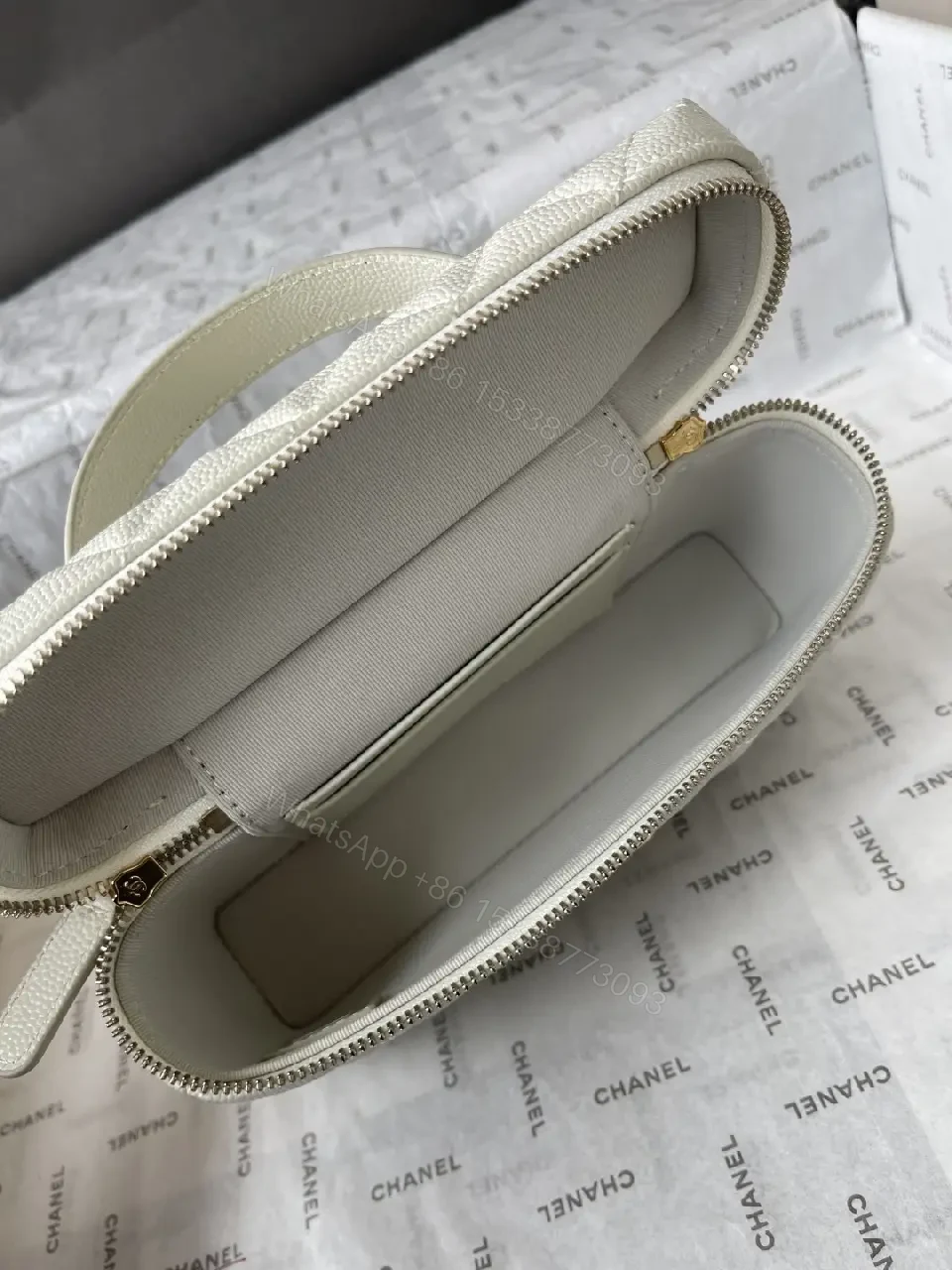 View 2 of Quilted Ivory Mini Bag in Luxe Chevron, Gold Hardware