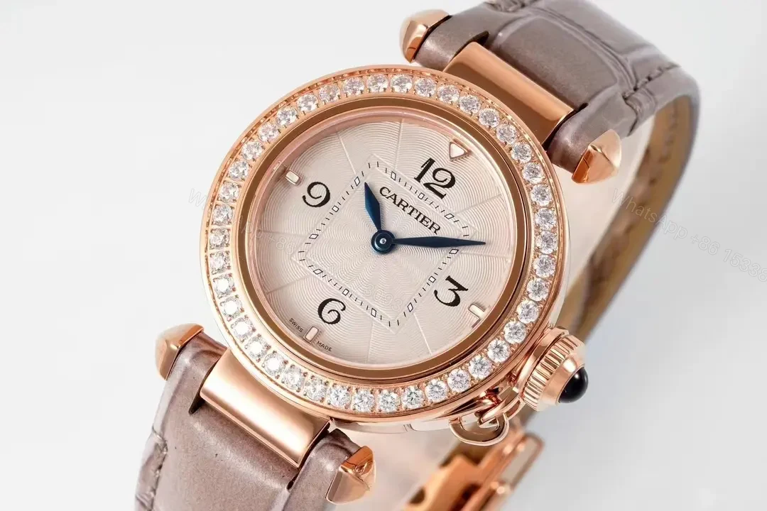 View 7 of JF Factory Cartier Pasha de Cartier Women’s Watch – 30mm Rose Gold with Diamond Bezel, Blue Steel Hands, and Quick Release Leather Strap