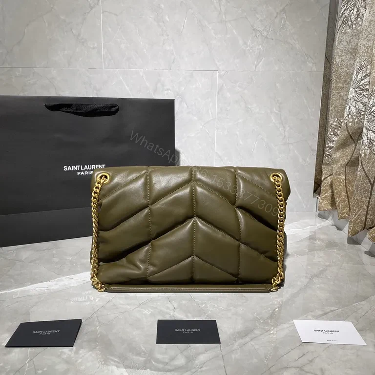 View 7 of Olive Green Quilted YSL Shoulder Bag: Gold Chain Luxury