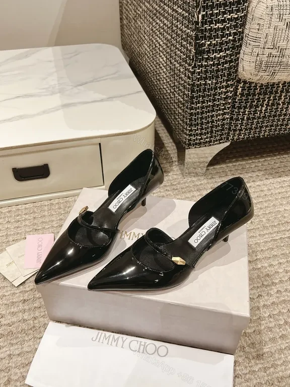 View 2 of Elegant Satin-Lined Pointed-Toe Heels with Gold Accent, Patent Black, Luxury Style, All-Day Comfort, Heels