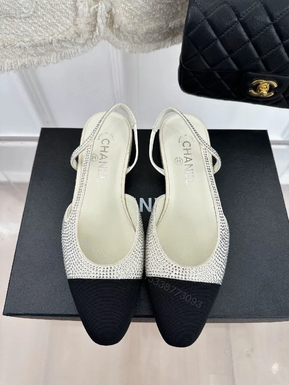 Two-Tone Crystal Flats: Elegant Open-Back Sling Shoes — view 1