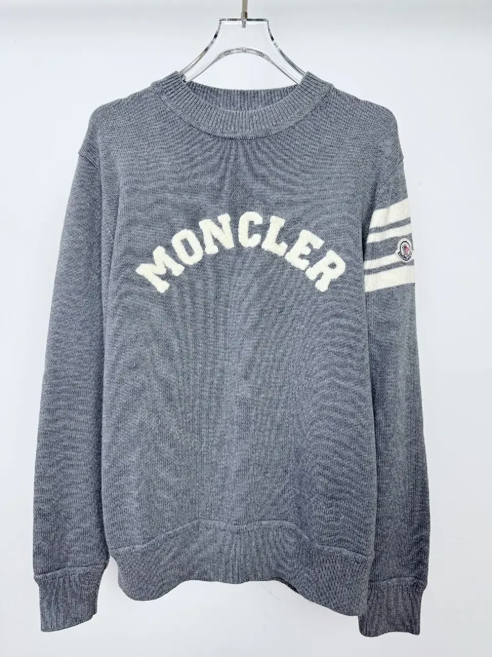 Gray Knit Crewneck Sweater – Subtle Texture, Logo Accent — view 1