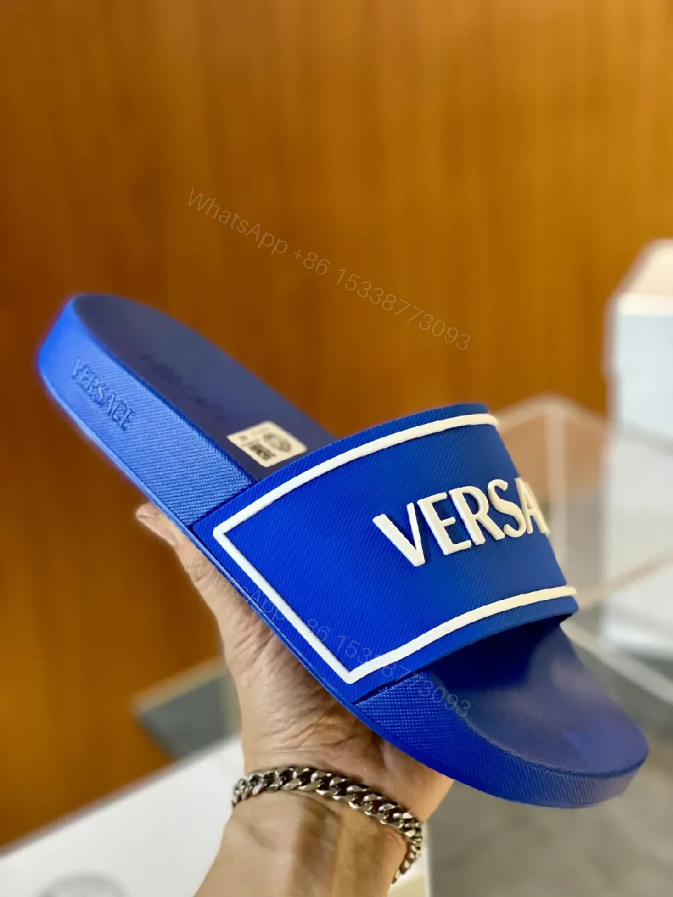 View 4 of Bold Blue Textured Slide: Premium Comfort, Logoed Strap