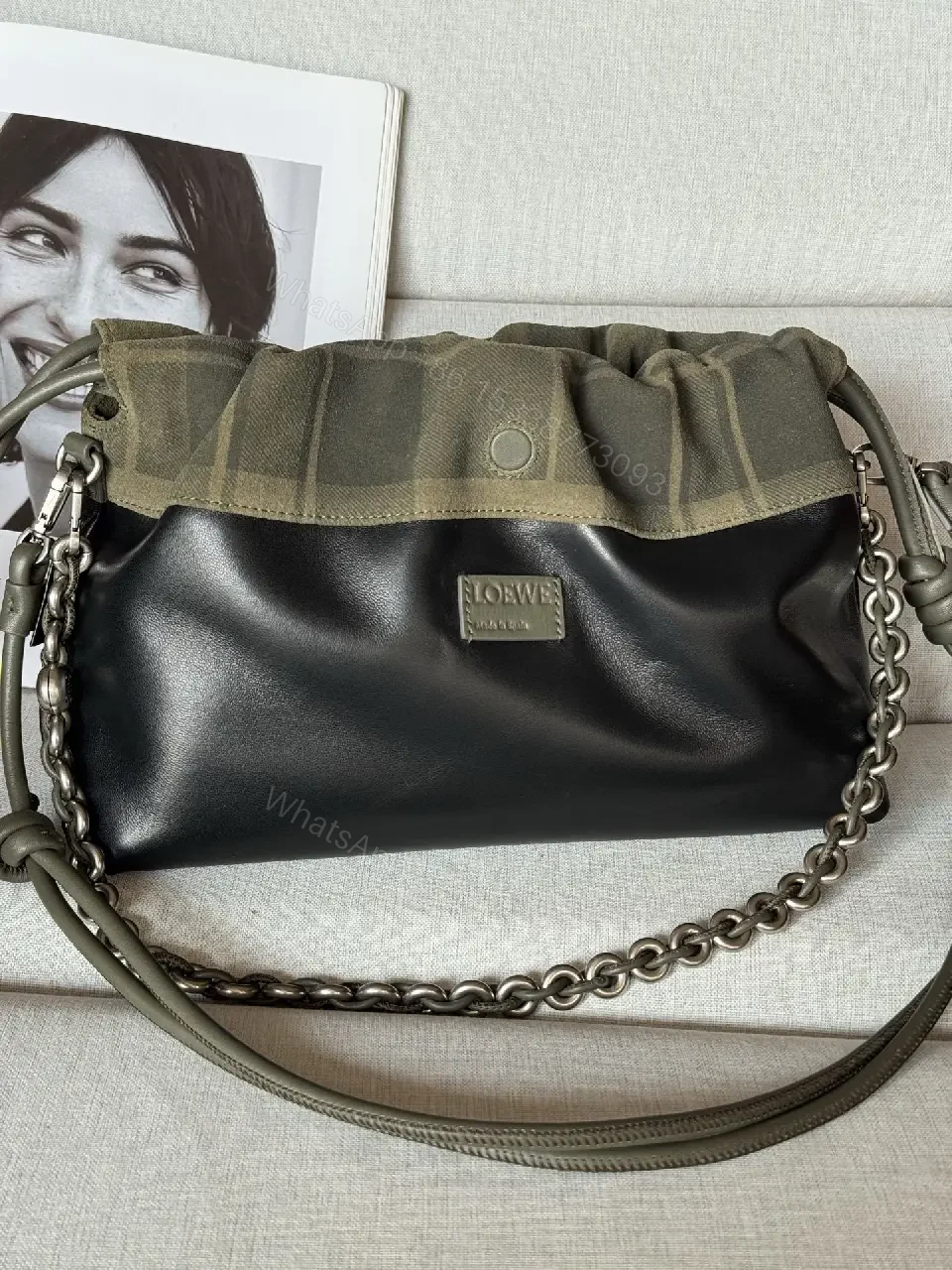 View 9 of Textured Contrast Crossbody: Black & Olive, Modern Edge Bag
