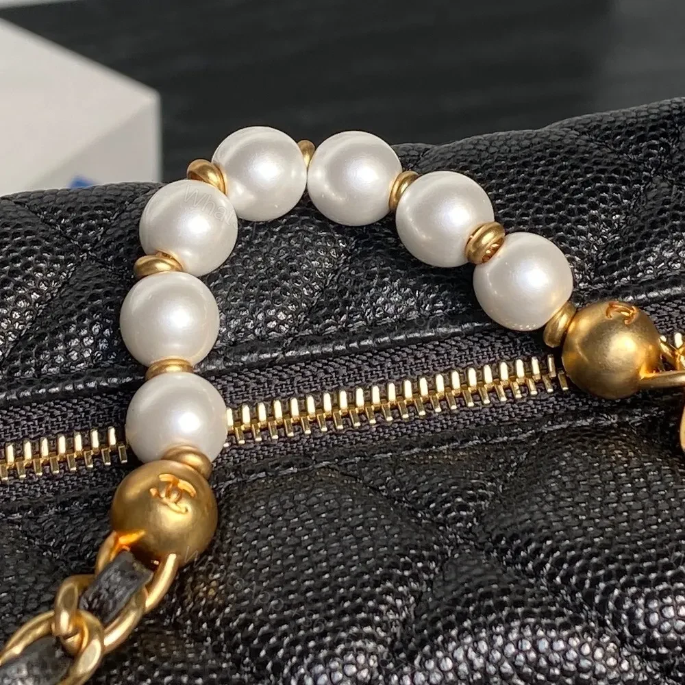 View 8 of Compact Quilted Black Mini Bag with Pearl Chain