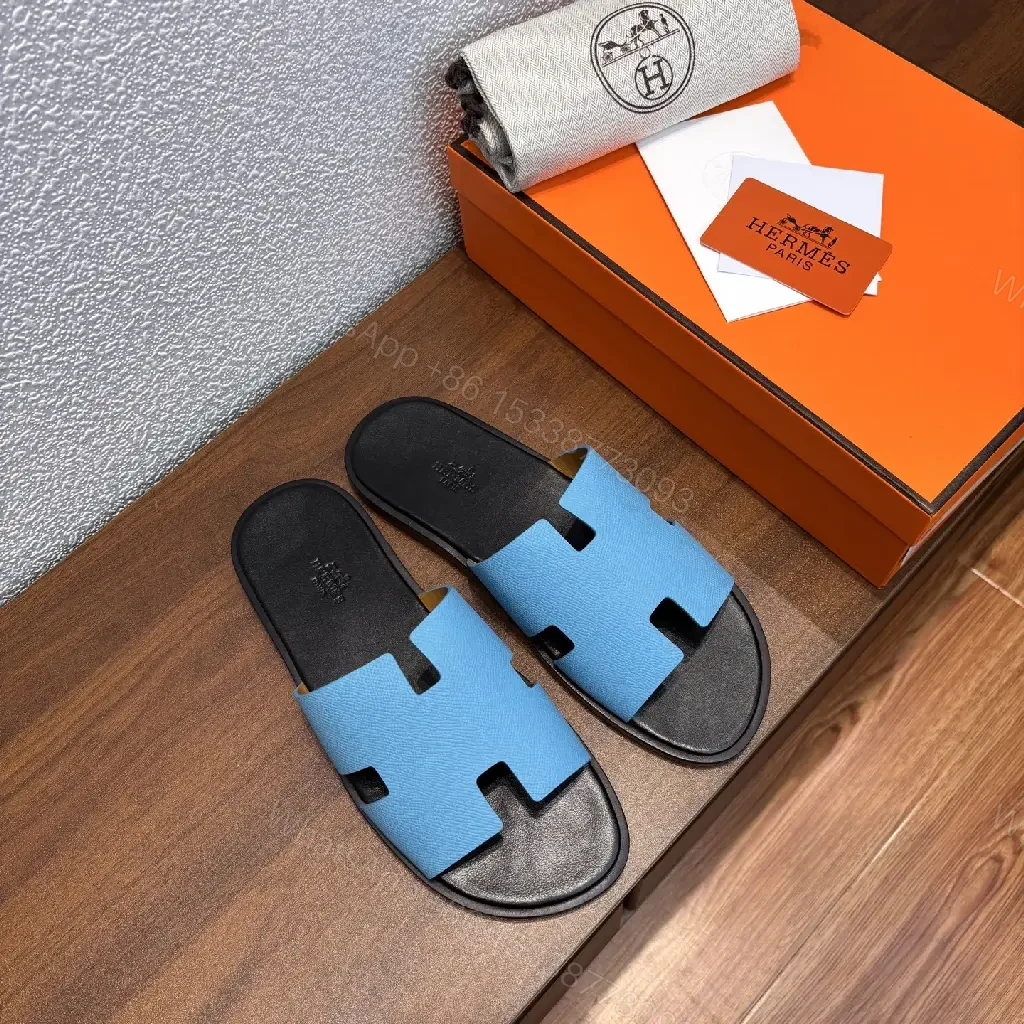 View 5 of Blue Leather Slide Sandals - Hermes Style, Comfortable Slip-ons