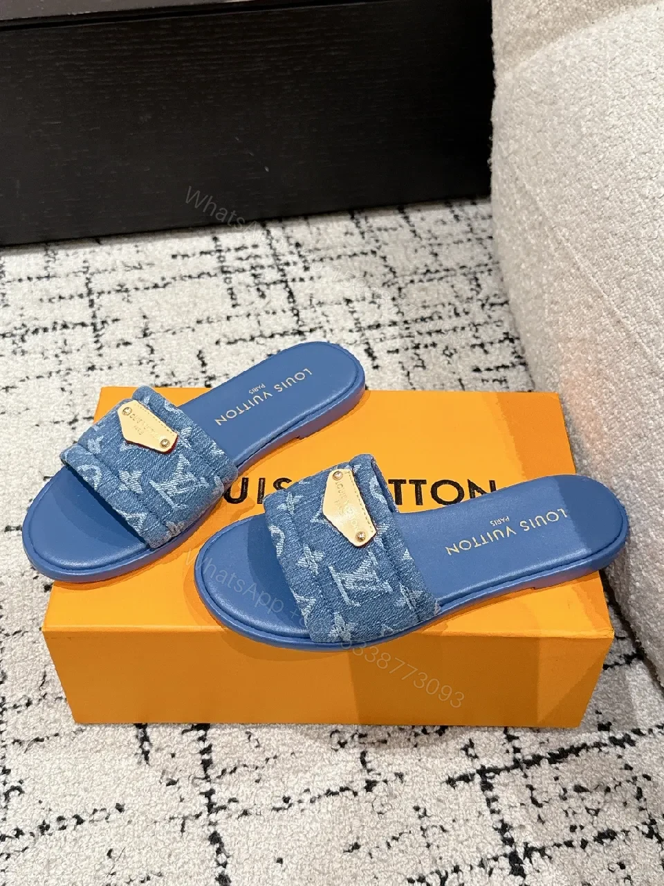 View 8 of Denim Monogram Slide with Gold Plaque: Modern Luxe Comfort