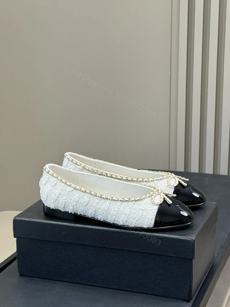 View 6 of Tweed Flats with Gold Chain Trim - Patent Toe Bowed Comfort