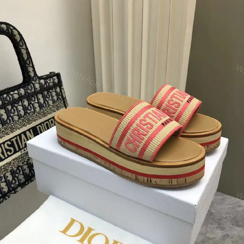 View 3 of Red-Tone Canvas Slide Sandals with Striped Band, Dior-inspired