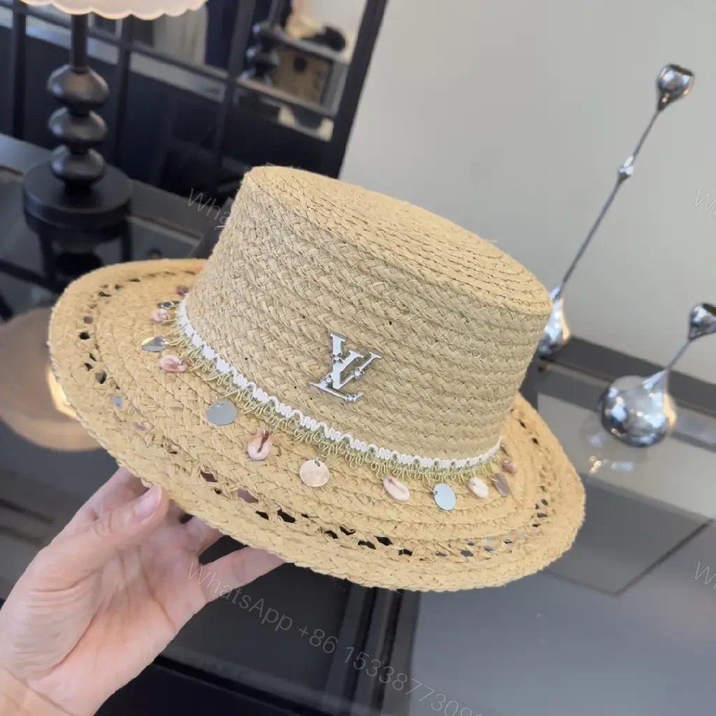 View 3 of Natural Beige Straw Boater Hat with Silver LV Charm, Chic Wide Brim
