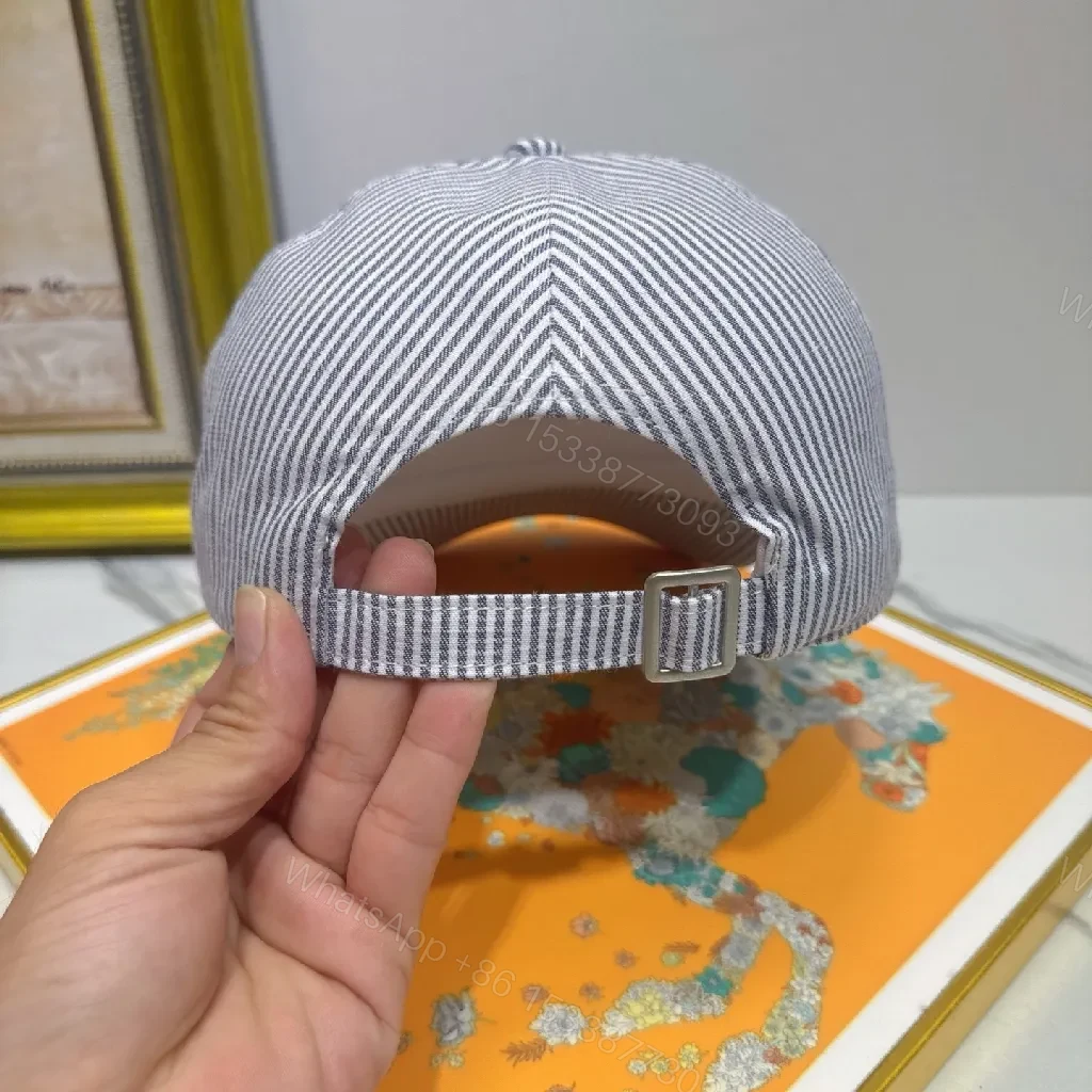 View 5 of Striped Linen-Look Cap with Subtle Monogram Motif